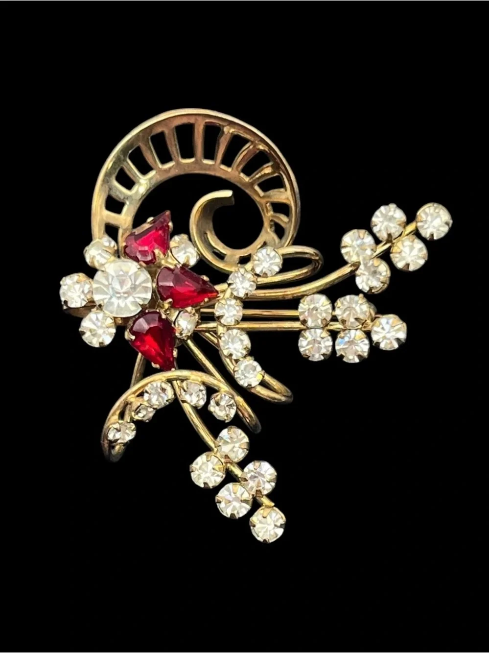 Red & clear rhinestone gold tone flower bow brooch pin or pendant for necklace